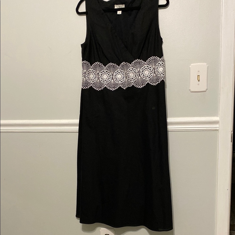 LOFT Black Midi Dress with White Lace Detail